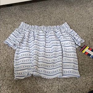White and navy off the shoulder top, never worn